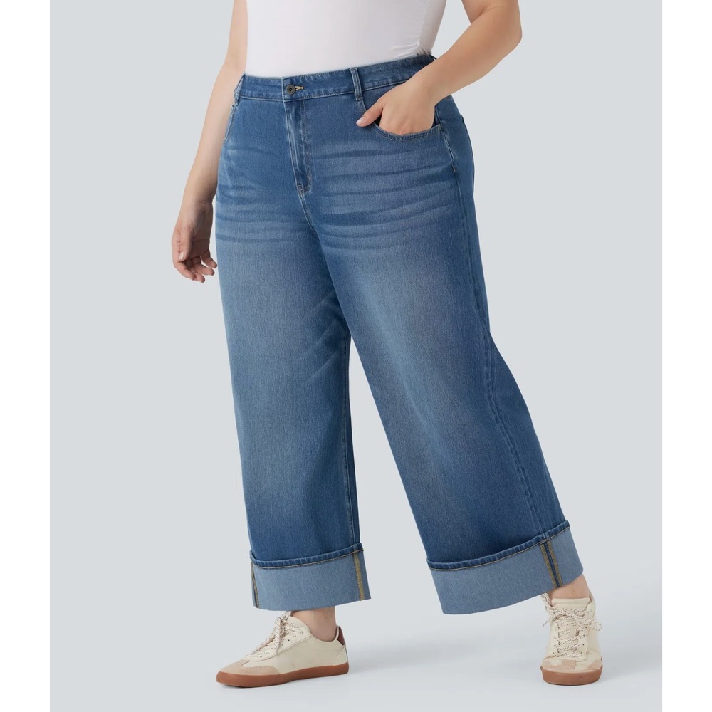Halara Flex High Waisted Wide Leg Rolled Hem Washed Stretchy Casual Jeans 3X‎